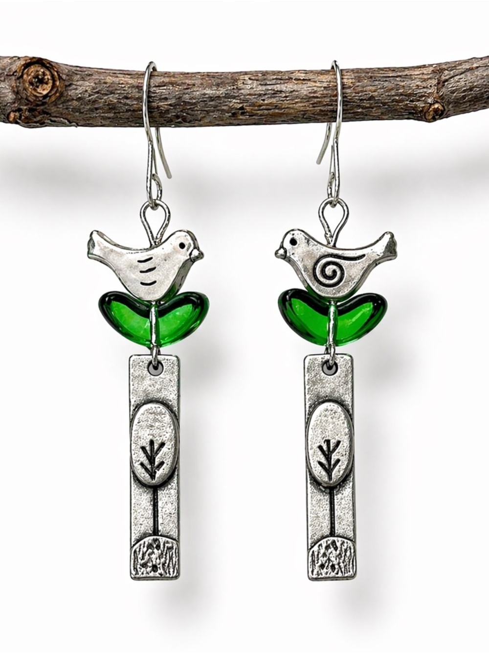 Bird Dangle Earrings Green Glass Silver Tone Nature Boho